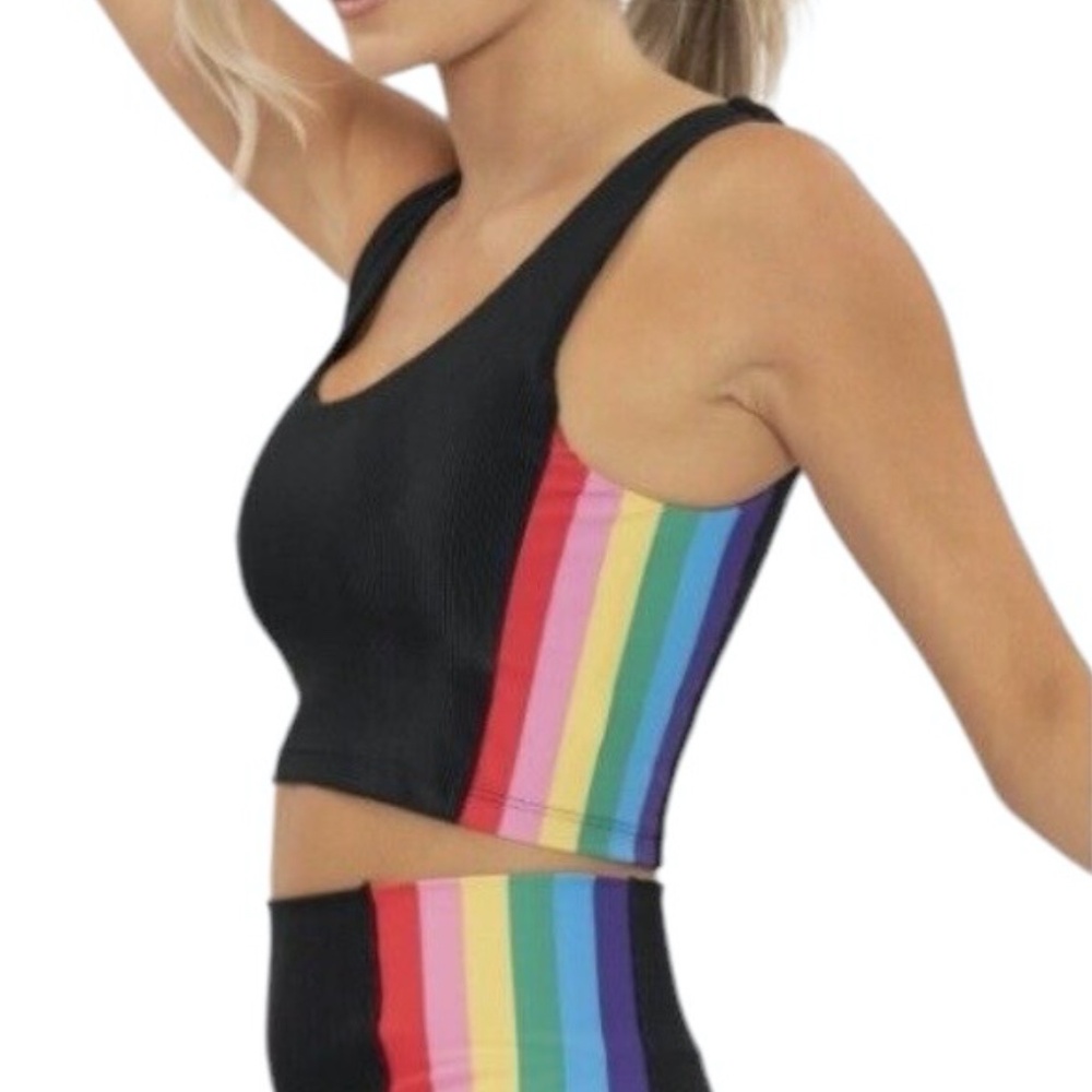 BEACH RIOT TESSA BLACK W/RAINBOW STRIPE COMPRESSION BRA TOP PROUD COLLECTION NWT